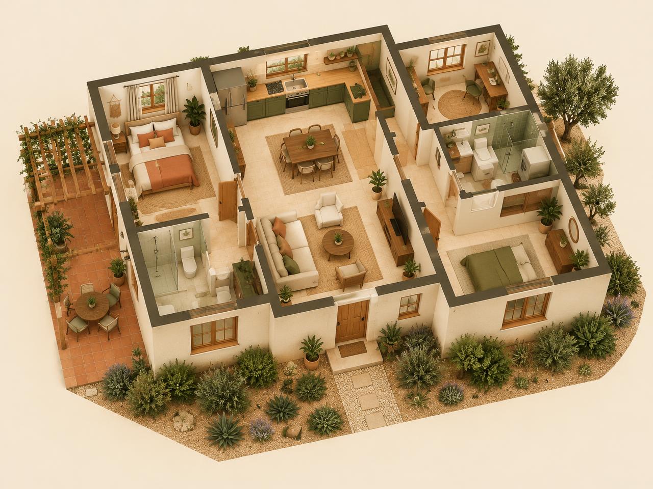 Démonstração ilustrativa de uma casa com ambientes mobiliados